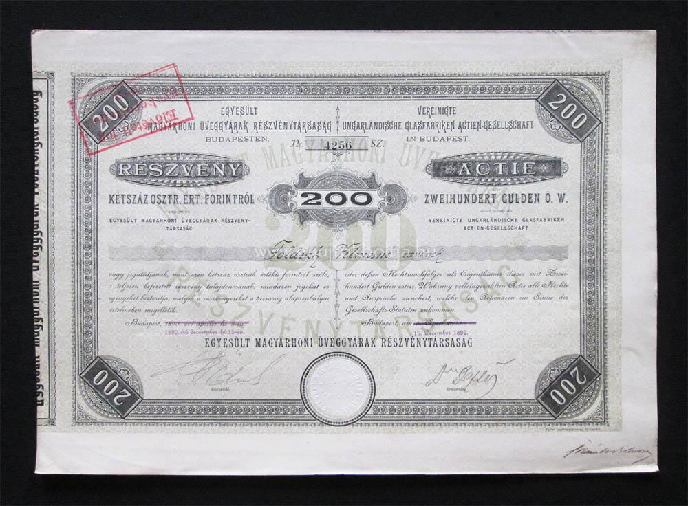 Egyesült Magyarhoni Üveggyárak részvény 200 forint 1892